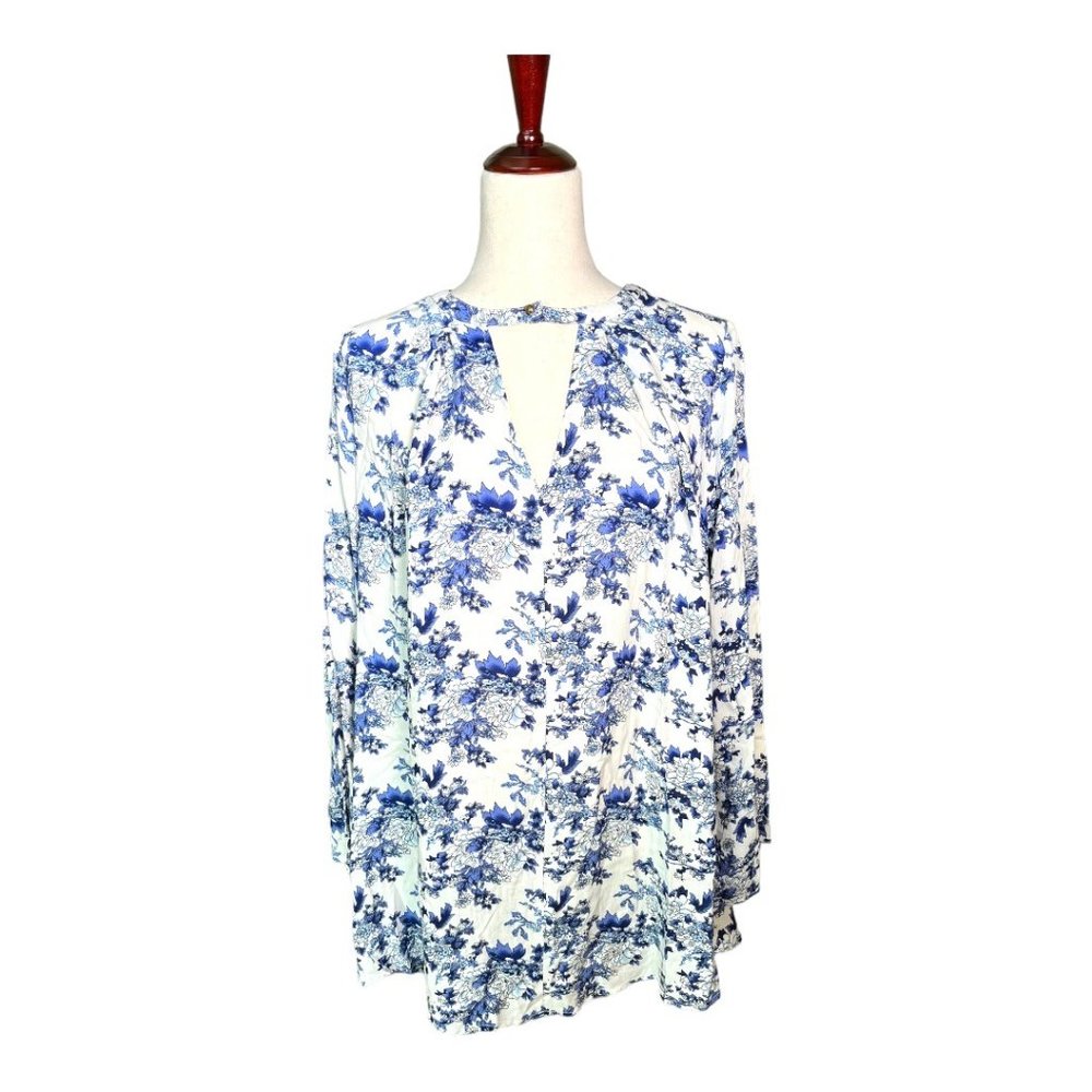 Charlie O Blue & White Boho Floral V-Neck Tunic Blouse Dress with Bell Sleeves